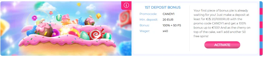 First deposit bonus Candy Casino
