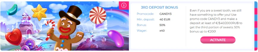 Third deposit bonus at Candy Casino online