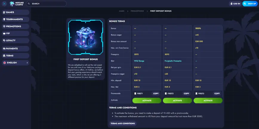 First deposit bonus at Hotline Casino