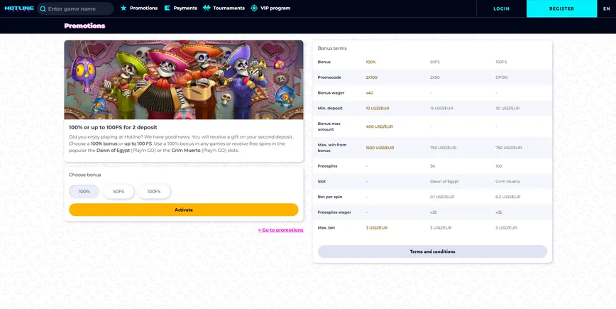 Second deposit bonus at Hotline Casino