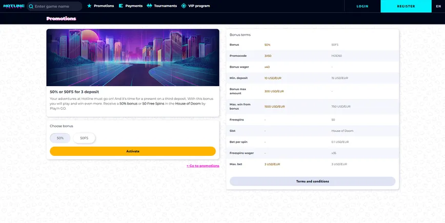Third deposit bonus at Hotline Casino