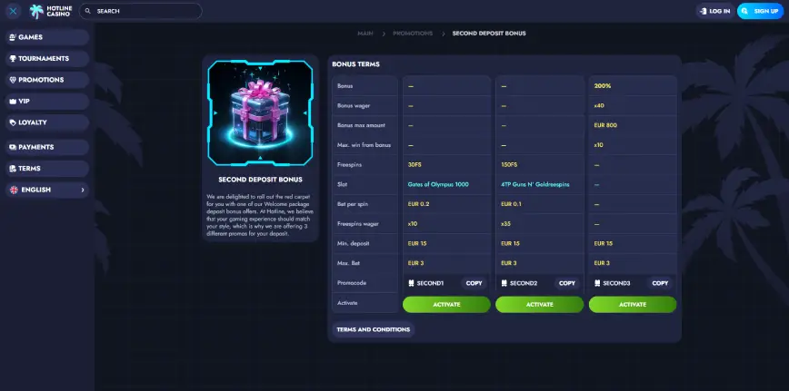 Second Deposit Bonus at Hotline Casino