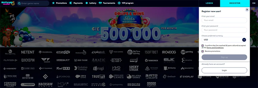 Registration on Hotline casino online