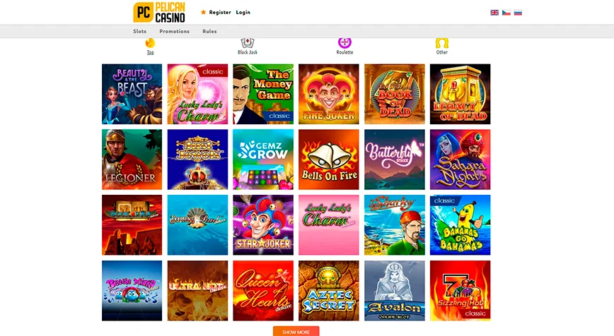 Jogos e provedores no Pelican Casino Online, Slots, Live Casino