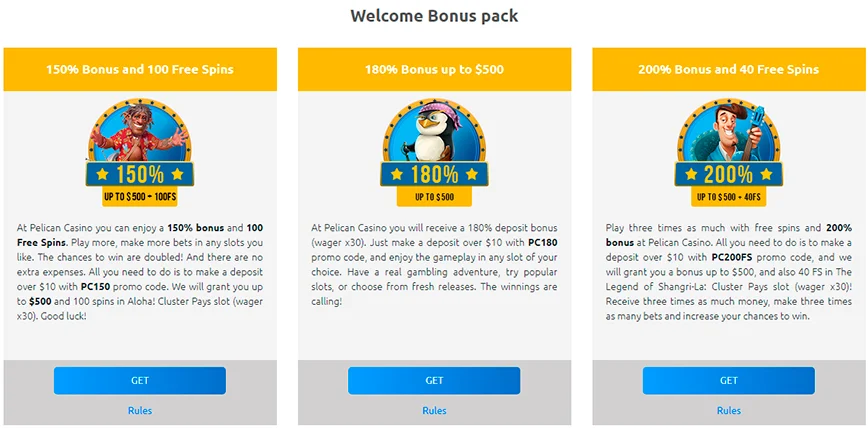 Welcome bonuses at Pelican Online Casino