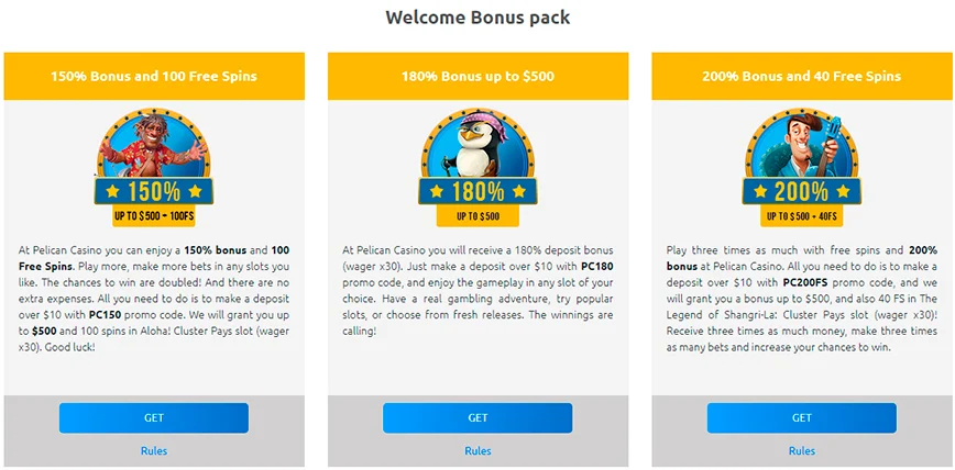 Bonificaciones de bienvenida en Pelican Online Casino