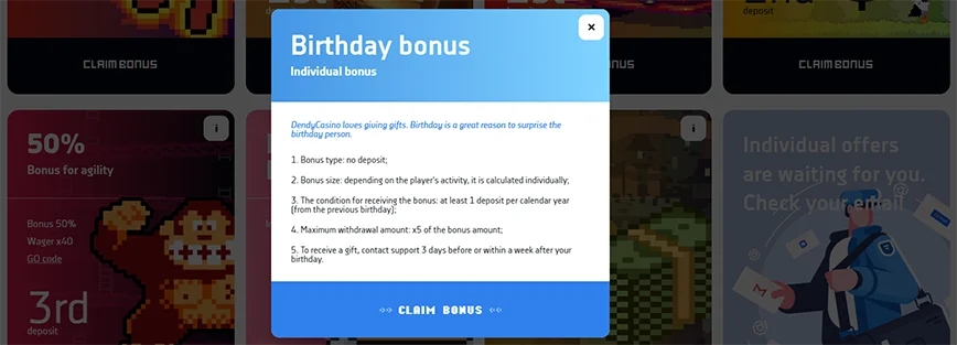 Birthday bonus at Dendy Casino