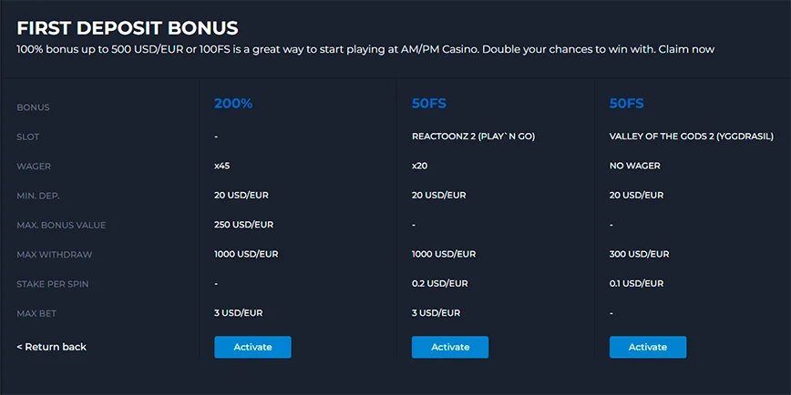 First deposit bonus at AMPM Casino