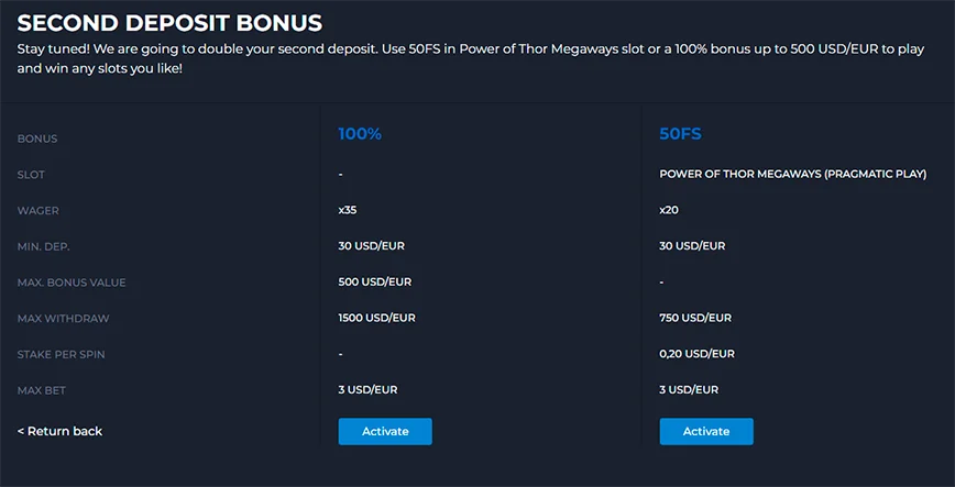 Second deposit bonus at AM/PMCasino