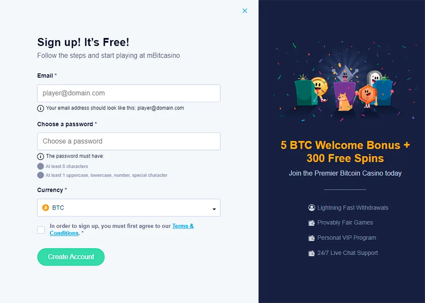 Registration at mBitCasino