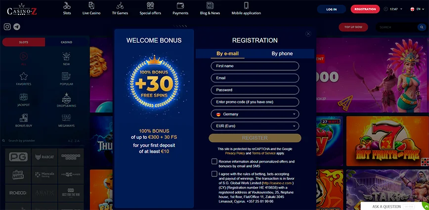 Registration at online Casino-Z