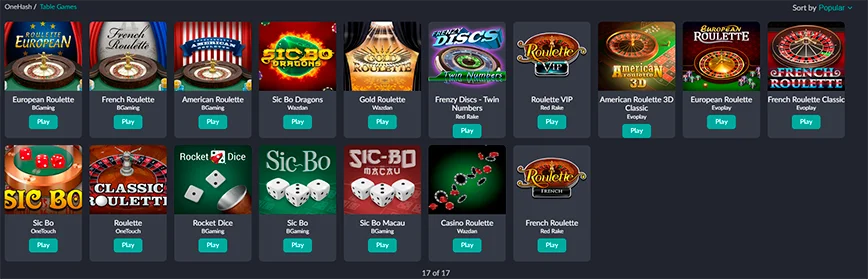 Table Games at OneHash Casino