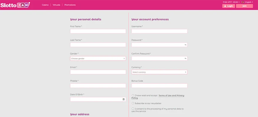 Registration at SlottoJam Casino