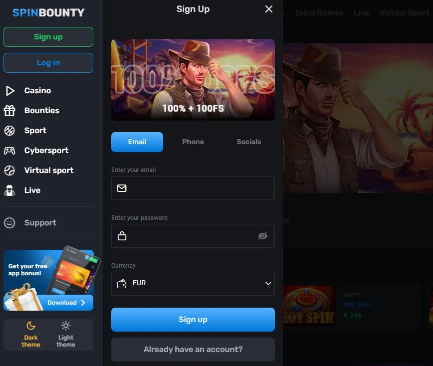 Registration at SpinBounty Casino