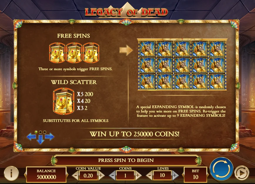 Legacy of Dead Slot Machine Features