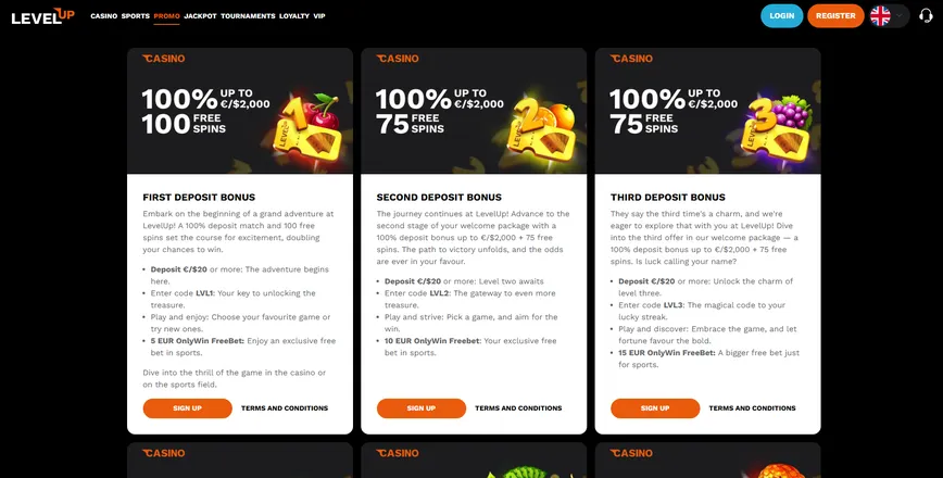 Promotions and Bonuses at LevelUp Casino