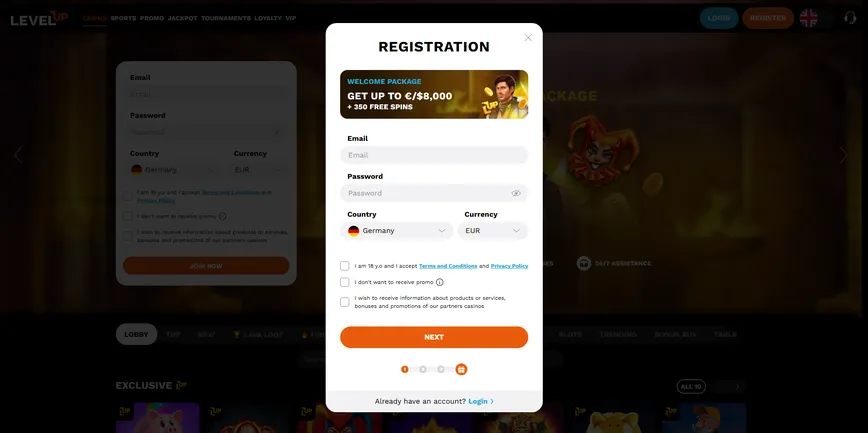 Registration at LevelUp Casino