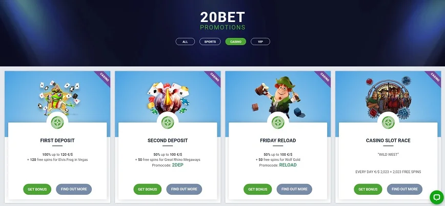 Promotions and Bonuses at 20Bet Casino