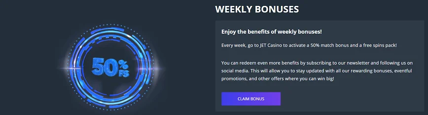 Weekly bonuses at Jet Casino