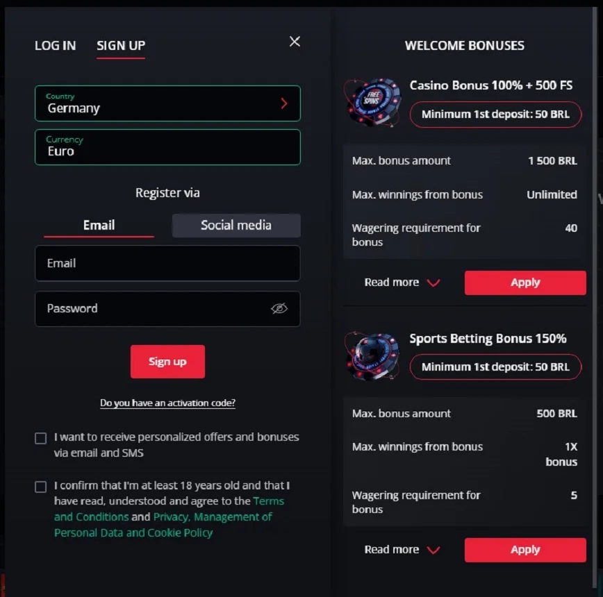 Registration at Starda Casino