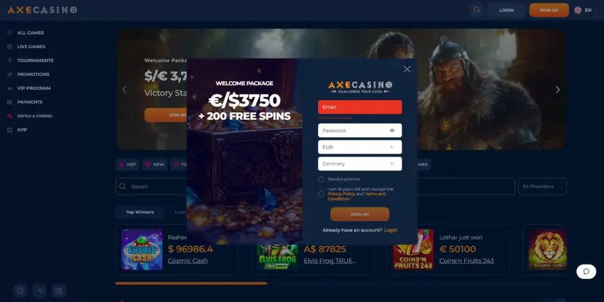 Registration at AXE Casino