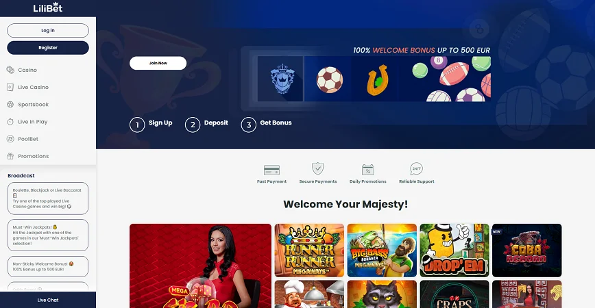 Lilibet Online Casino Home Page