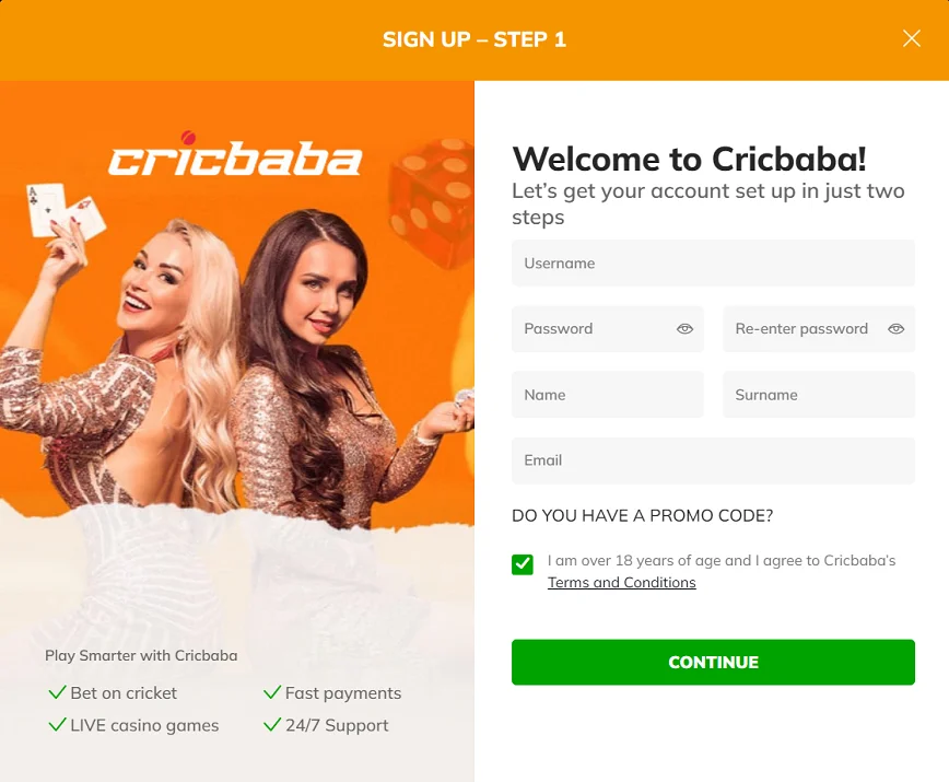 Registration at Cricbaba Casino