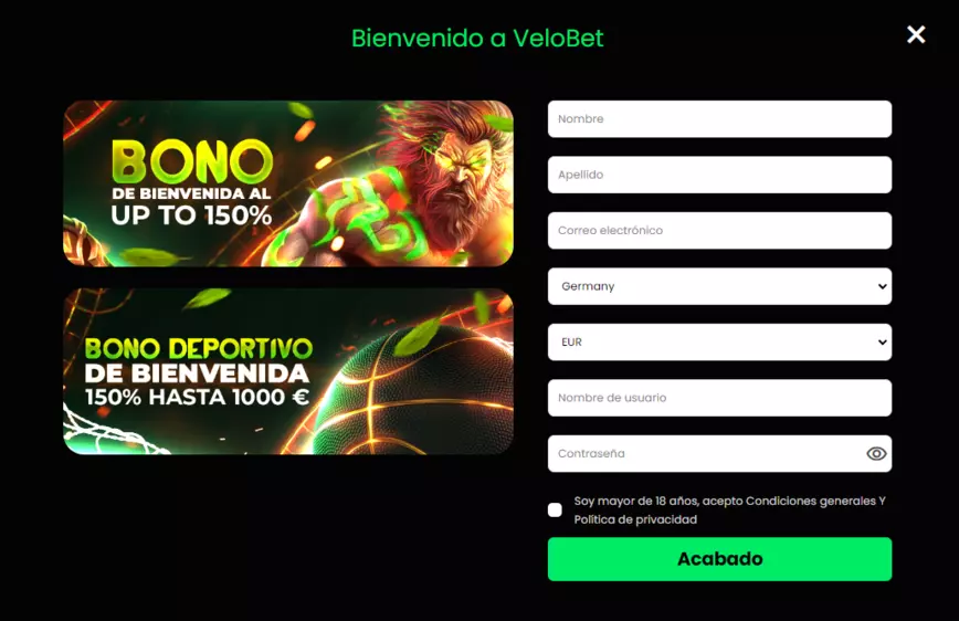 Registro en el Casino Velobet