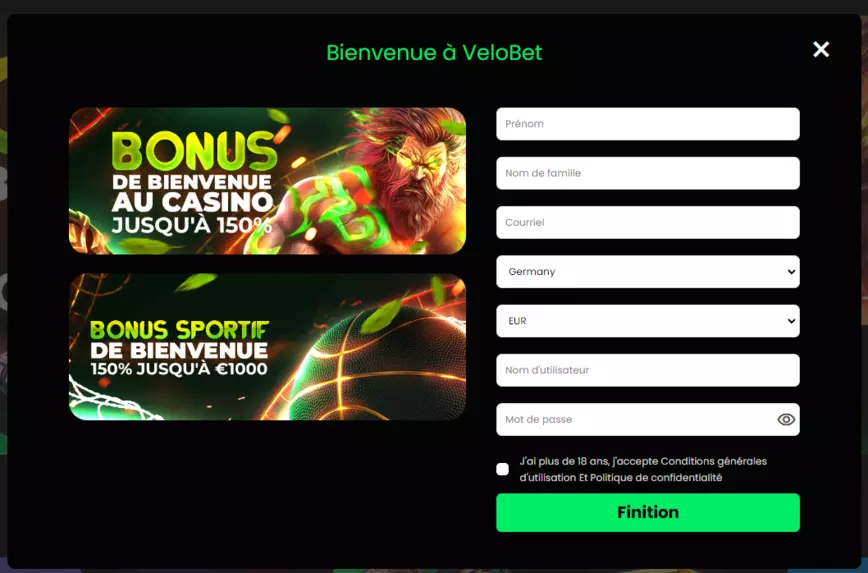 Inscription au Casino Velobet