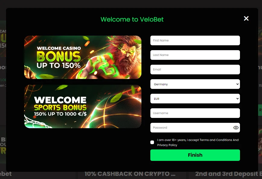 Registration at Velobet Casino