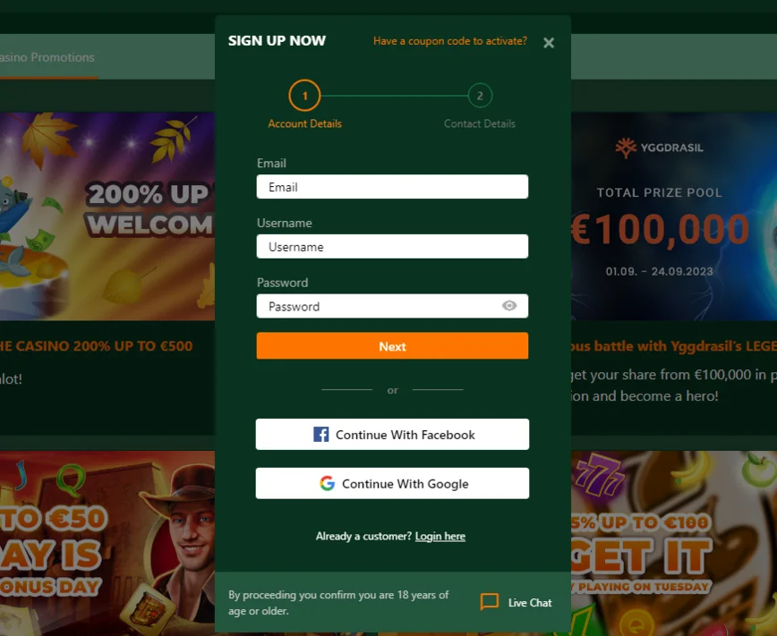 Registration at Cashalot.bet Casino