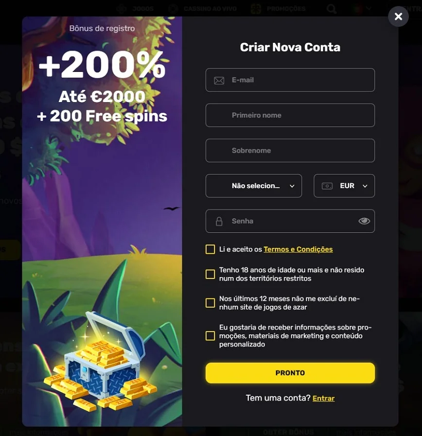 Inscrição no Zet Planet Casino