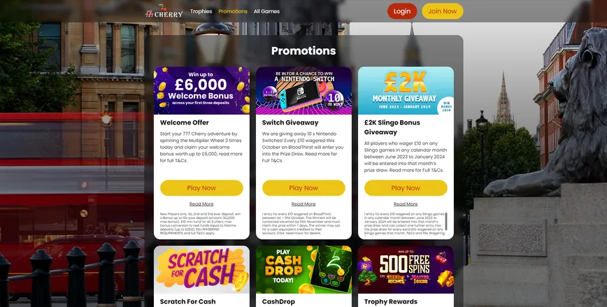 Promotions and Bonuses at 777 Cherry Casino