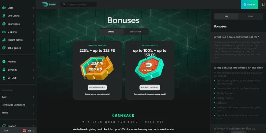 Promotions and Bonuses at Drip Casino