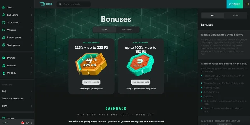 Promotions et bonus au Drip Casino