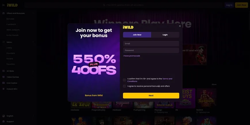Inscription sur iWildCasino