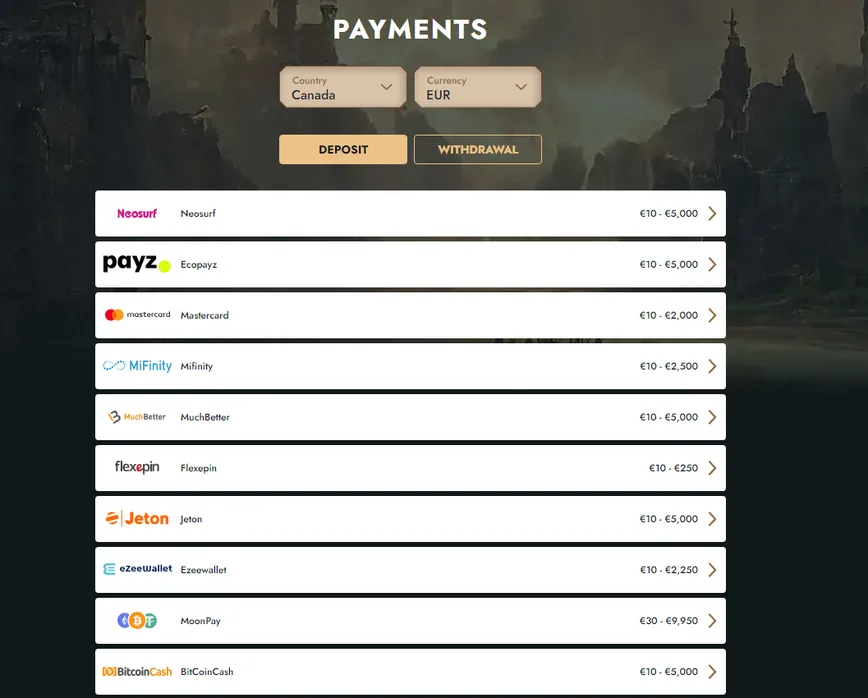 Deposits at Lucky Heroes Casino