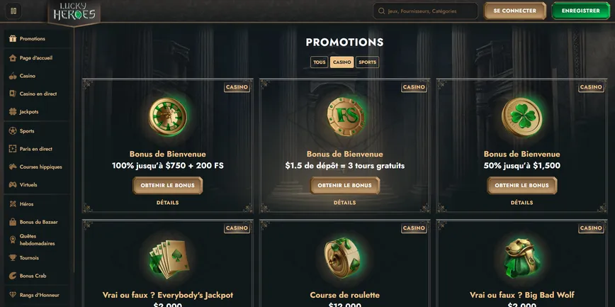 Promotions et bonus sur Lucky Heroes Casino