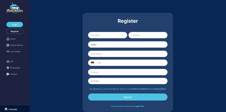 Registration at Slotwhales Casino