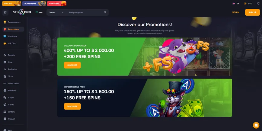 Promotions and Bonuses at Spinarium Casino