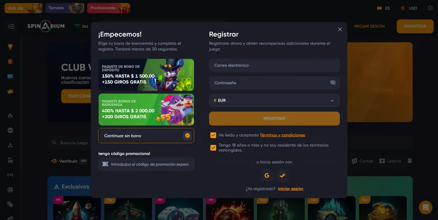 Registro en Spinarium Casino