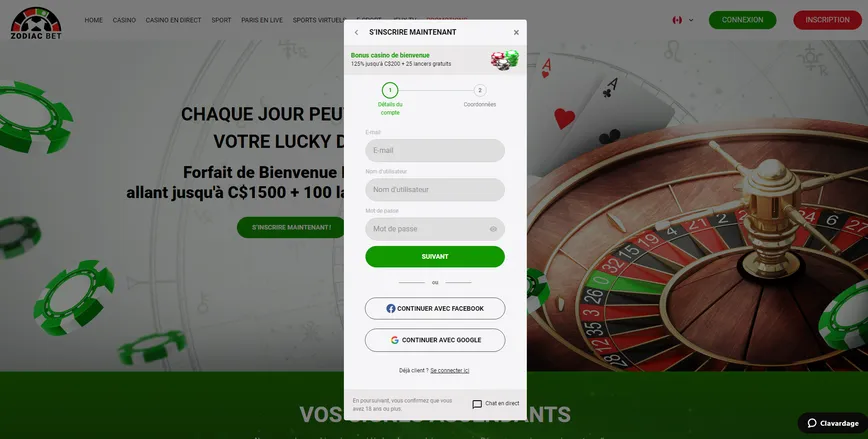 Inscription au Casino Zodiacbet