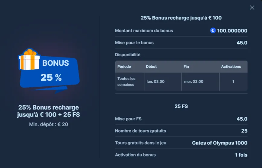 Bonus de recharge au Spinspace Casino