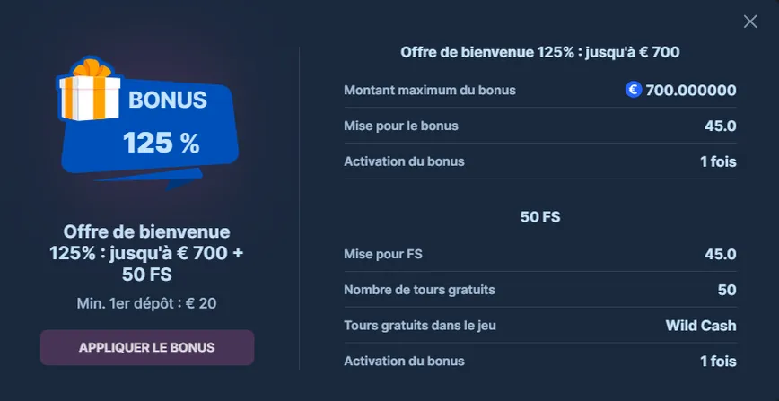 Bonus de bienvenue du Spinspace Casino