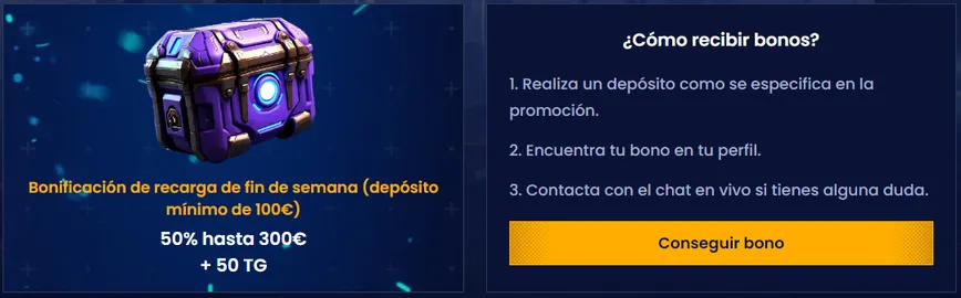 Bono de recarga de fin de semana (depósito mínimo de 100 €) en Trinocasino