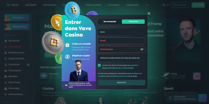 Registre sur Vave Casino