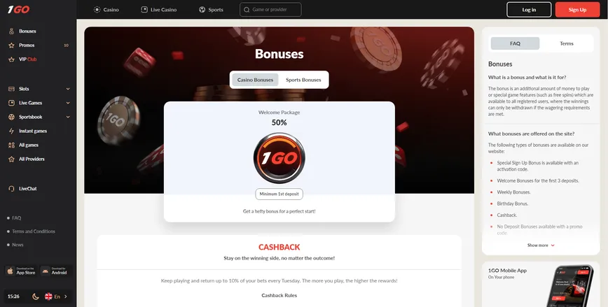 Promotions and Bonuses at 1Go Casino