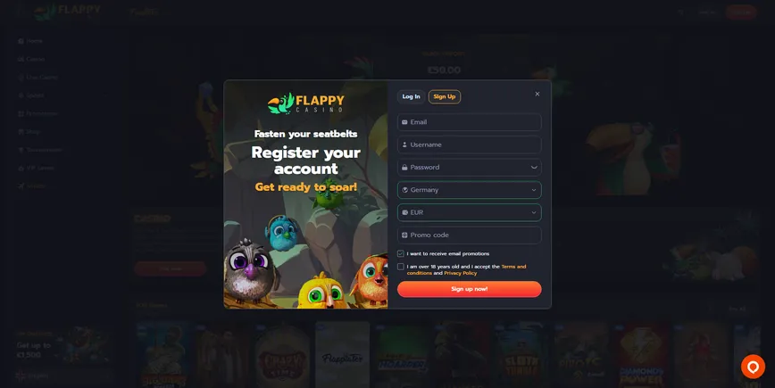 Registro en Flappy Casino