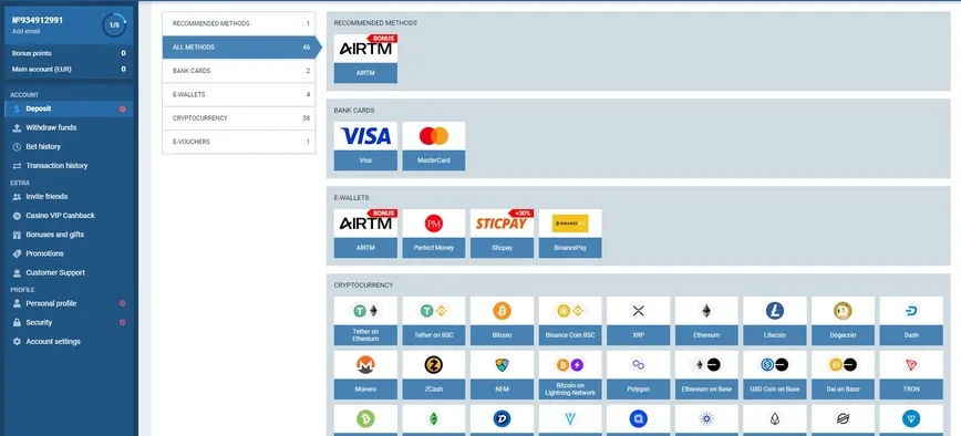 Opções de pagamento do cassino 1xBet 