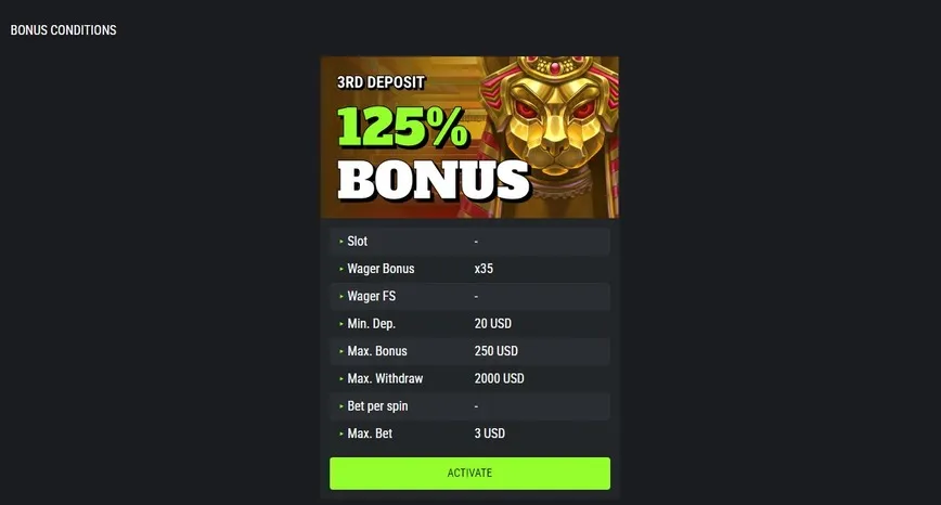 Third deposit bonus at Spin Green Casino